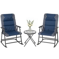 Outsunny 3pc Patio Foldable Rocking Chair Set, Outdoor Rocking Chairs and Table Bistro Set w/ Padded Seat, Headrest, Backrest for park, backyard, garden, Blue(m-2)
