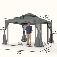 Outsunny 10' x 10' Steel Outdoor Patio Gazebo Canopy with Removable Mesh Curtains, Display Shelves, & Steel Frame, Grey(m-3)