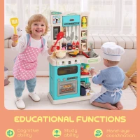 Qaba Kids Play Kitchen Toy Set, Chef Pretend Kitchen Playset with Real Lights & Sounds, 92 Pcs Toy Food, Ages 3-6, Green(m-8)