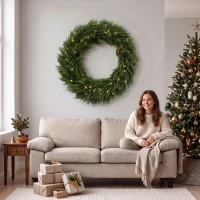 HOMCOM Christmas Decoration, 36 in Pre-Lit Norfolk Pine Artificial Christmas Wreath with 100 LED Lights, Green(m-8)
