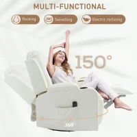 HOMCOM Swivel Massage Recliner Chair Rocker, Overstuffed Manual Reclining Sofa, PU Leather Rocking Chair with Side Pockets, Cup Holders, for Living Room, Nursery, Cream White(m-5)
