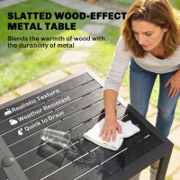 Outsunny Outdoor Dining Set for 6, Faux Wood Metal Patio Table and Mesh Stackable Chairs with Umbrella Hole, Black(m-5)
