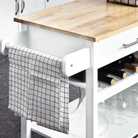 HOMCOM Rolling Kitchen Island with Storage, Kitchen Cart with Solid Wood Countertop, Drawer, Adjustable Shelf and Wine Rack, White(m-9)