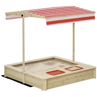 Outsunny Kids Wooden Sandbox, Covered Children Sand Playset Outdoor, w/ Adjustable Canopy Shade, Bottom Liner, Seat, Plastic Basin, Aged 3-8 Years Old, for Backyard, Beach, Natural(m-1)