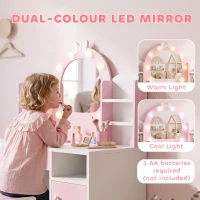 Qaba Kids Vanity Set, Toddler Dressing Table and Chair Set  with Lighted Bow Mirror, Cabinet, Drawer and Shelves, Pink(m-4)