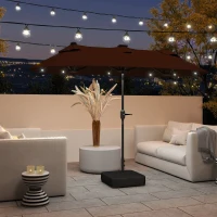 Outsunny 10FT Double-Sided Patio Umbrella with Solar Lights and Sandbag Base, Outdoor Umbrella with Push Button Tilt, Crank, Air Vents for Garden, Backyard, Deck, Pool, Market, Coffee(m-10)