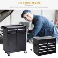 DURHAND Rolling Tool Cabinet 2 in 1 Top Chest Storage Box 5 Drawers with Pegboard and Adjustable Shelf, Black(m-4)