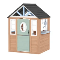 Qaba Kids Outdoor Playhouse, Wooden Cottage Play House with Pet Door, Play Kitchen, Half Door and Windows for Indoor Outdoor(m-9)