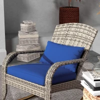 Outsunny Adirondack Chair, Outdoor Wicker Rocking Chair with High Back, Seat Cushion, and Pillow for Porch, Balcony, Dark Blue(m-8)