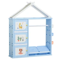 Qaba Kids Dress Up Storage, Multifunctional Kids Wardrobe Closet Hanging Rack Built for Kids Bedroom Storage, Featuring Bins, Cabinets, Top Shelf, and Drop-In Shelves, Blue(m-11)