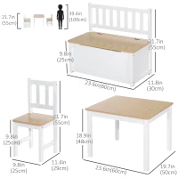 Qaba 4-Piece Set Kids Wood Table Chair Bench with Storage Function Easy to Clean Gift for Girls Boys Toddlers Age 3 Years up Natural and White(m-3)