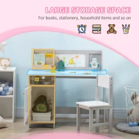 Qaba Toddler Table and Chair Set, Kids Writing Desk Homework Table with Whiteboard, Storage Cabinet, Gray(m-4)