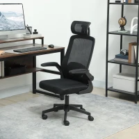 HOMCOM Mesh Office Chair, Ergonomic Desk Chair with Flip-up Armrest, Rotatable Headrest, Adjustable Lumbar Support, Black(m-2)