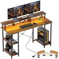 HOMCOM Computer Desk with Storage, 55" Reversible Computer Table with Power Outlets and LED Lights, Rustic Brown(m-11)