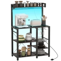 HOMCOM Industrial Kitchen Bakers Rack with Charging Station, RGB Lights, Glass Holders and Open Shelves, Gray(m-11)