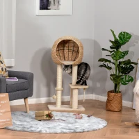 PawHut Cat Tree with Sisal Scratching Post Condo and Hanging Rope 39" H, Beige(m-10)