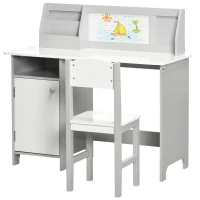 Qaba Toddler Table and Chair Set, Kids Writing Desk Homework Table with Whiteboard, Storage Cabinet, Gray(m-1)