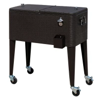 Outsunny 80 Quart Rattan Rolling Cooler Cart Portable Patio Ice Beer Beverage Cooling Bin for Outdoor Party w/ Bottle Opener, Brown Wicker(m-11)