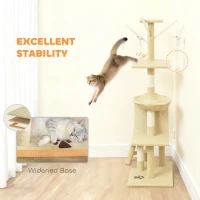 PawHut 53" Cat Tree Tower, Kitten Activity Centre with Scratching Posts, Condo, Perches, Ladder, Hammock, Dangling Toys, Beige(m-6)