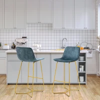 HOMCOM Bar Height Bar Stools, Velvet-Touch Fabric Bar Chairs, 30.25" Seat Height Stools with Gold-Tone Metal Legs for Dining Area, Home Bar, Set of 4, Blue(m-10)