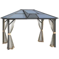 Outsunny 10' x 12' Hardtop Gazebo Canopy with Polycarbonate Roof, Aluminum Frame, Permanent Pavilion Outdoor Gazebo with Netting, for Patio, Garden, Backyard, Deck, Lawn, Gray, Brown(m-1)