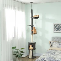 PawHut 87"-94.5" Floor to Ceiling Cat Tree with Sisal Scratching Post, Condo, Hammock, Ramp, Perches, Dark Grey(m-1)
