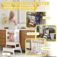 Qaba 2 in 1 Toddler Tower Kitchen Helper w/ Chalkboard, Safety Rail, for Counter, Bathroom, Sink, Kitchen, White(m-4)