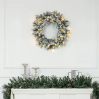 HOMCOM 24" Christmas Front Door Wreath with Lights Flocked Christmas Wreath with Pine Cones and Berries for Windows Green(m-1)