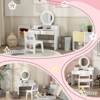 Qaba Kids Vanity Set, Children Makeup Table with Mirror, Stool and Storage Drawers, for Ages 3-8, White(m-7)