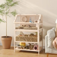 PawHut Wooden Hamster Cage with Detachable Lower Floor, Storage Shelf, Hut, Seesaw, Exercise Wheel, Ramps for Dwarf(m-2)