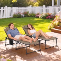 Outsunny 2 Piece Folding Chaise Lounge Pool Chairs with 5-level Reclining Back, Reading Hole, Side Pocket, Beige(m-2)
