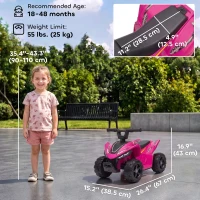 Qaba 6V Kids ATV, 4 Wheels Kids Quad with Button Control, 45Mins Runtime, Max 1.2MPH, Max 55lbs Load for 18-48 M, Rose Red(m-3)