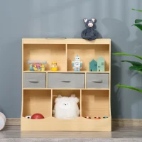 HOMCOM Kids Bookcase, Toy Storage Organizer Cabinet, Children Display Bookshelf with Drawers for Toys, Clothes, Books, Natural Wood Color(m-7)