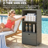 Outsunny Valet Pool Towel Rack, Water-Resistant PE Plastic Rattan Wicker Storage Organizer, 2 Shelves, 1 Basket Drawer, Dark Gray(m-4)