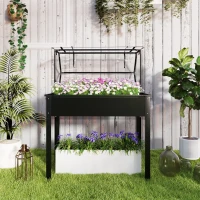 Outsunny Elevated Garden Box with Greenhouse Cover, Raised Garden Bed with Legs and Drainage Hole for Vegetables, Black(m-8)