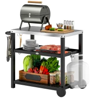 Outsunny 3-Shelf Outdoor Grill Dining Cart Pizza Oven Stand with Stainless Steel Top, Movable BBQ Food Prep Table Outdoor Kitchen Island with Hooks Wheels Handle, Charcoal Grey(m-9)