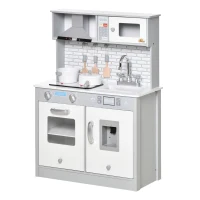 Qaba Kids Kitchen Play Cooking Toy Set, Educational Pretend Role Playset Game with Sound & Light Effect, Battery Operated Cooktop, Ice Machine for 3-6 Years, Grey(m-11)