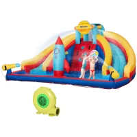 Outsunny 5-in-1 Inflatable Water Slide, Rocket Themed Kids Castle Bounce House with Slide, Pool, Water Cannon, Basket, Climbing Wall Includes Carry Bag, Repair Patches, 750W Air Blower(m-1)