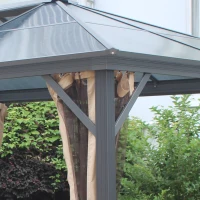 Outsunny 10' x 12' Hardtop Gazebo Canopy with Polycarbonate Roof, Aluminum Frame, Permanent Pavilion Outdoor Gazebo with Netting, for Patio, Garden, Backyard, Deck, Lawn, Gray, Brown(m-9)