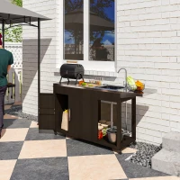 Outsunny Outdoor Grill Table with Stainless Steel Sink and Drainage, Grill Cart with Foldable Side Table and Cabinet, Outdoor Kitchen Island with Wheels, Distressed Brown(m-8)