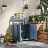 Outsunny Outdoor Wooden Potting Bench with Storage Cabinet, Shelves, Galvanized Plated Tabletop for Backyard, Balcony, Gray(m-2)