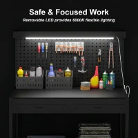 HOMCOM Workbench with LED Light and Power Strip, 43" Heavy Duty Work Table with Pegboard and Drawers for Garage Workshop, Black(m-6)