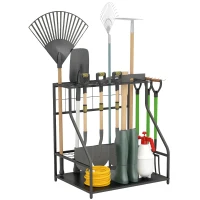 Outsunny 3-Tier Yard Tool Storage Rack, Garden Tool Organizer with Hooks for Long-Handled, Broom, Shovel, Orange(m-11)