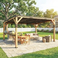 Outsunny 10' x 14' Wooden Gazebo, Hardtop Lean-to Gazebo Pergola with Galvanized Steel Sloped Roof, Bar Shelf, Natural Wood(m-11)