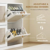 HOMCOM Narrow Shoe Storage Cabinet, Rattan Shoe Cabinet with 4 Flip Drawers and Adjustable Shelves for 20 Pairs, White(m-5)