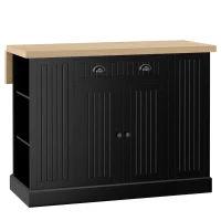 HOMCOM 47" Fluted-Style Wooden Kitchen Island, Kitchen Countertop Storage Cabinet with Drop Leaf, Drawer, Open Shelves, Storage, Black(m-1)