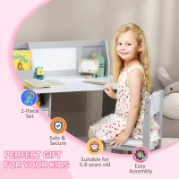 Qaba Toddler Table and Chair Set, Kids Writing Desk Homework Table with Whiteboard, Storage Cabinet, Gray(m-6)