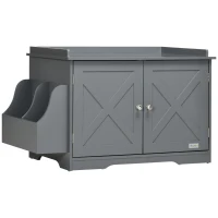 PawHut Wide & Large Cat Litter Box Furniture Hidden Farmhouse Table with Magnetic Doors, Big Covered Kitty Litter Box Enclosure Cabinet with Shelves, Pet Furniture Cat Gift Side Table, Grey(m-1)