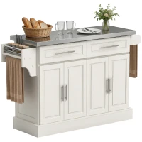 HOMCOM Rolling Kitchen Island with Stainless Steel Top, 2 Drawers, Spice, Knife and Towel Rack and Cabinets, Cream White(m-13)