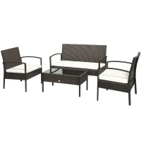 Outsunny Patio Furniture Set, 4 Piece Indoor Outdoor PE Wicker Conversation Set with Chairs, Loveseat Sofa, Cushions, Glass Table for Backyard, Sunroom, Pool, Garden, Brown(m-1)